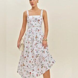 NEW Reformation Everett Linen Midi Dress Corsini White Multi Floral | US 0 UK 4